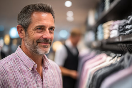 Mature man is shopping for clothing in a retail store, surrounded by stylish garments on display, showcasing a relaxed shopping experience.の素材
