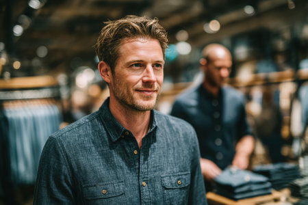 Smiling man in a casual shirt is shopping in a modern clothing store, surrounded by stylish apparel and a vibrant shopping atmosphere.の素材