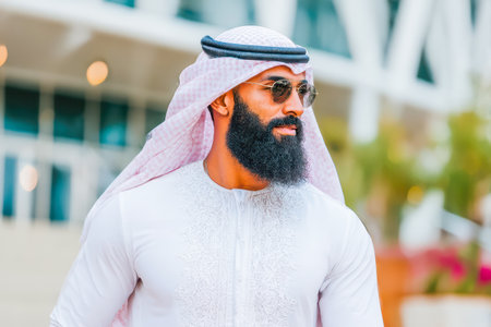 Confident Arab man in traditional attire, wearing sunglasses, strolling through a lively urban environment, showcasing cultural style.の素材