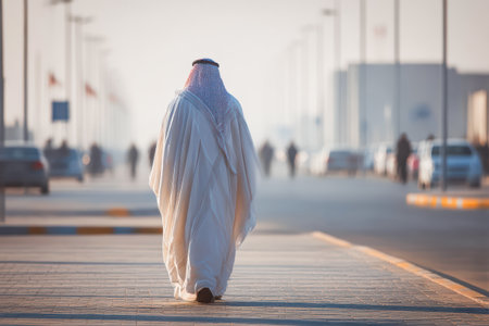 Male Arab individual is walking along a city street, surrounded by vehicles and urban structures, creating a serene atmosphere.の素材