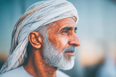 Senior man wearing traditional headscarf, gazing thoughtfully into the distance, capturing a moment of reflection and serenity.の素材