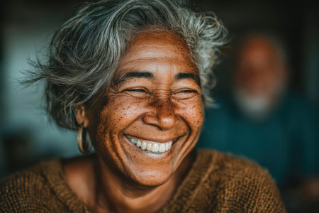 Older woman with gray hair smiles brightly, wearing a cozy sweater, capturing a joyful and warm atmosphere in a candid setting.の素材