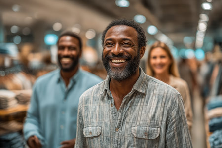Smiling african american man is shopping with friends in a modern retail store, surrounded by clothing racks and a vibrant shopping atmosphere.の素材