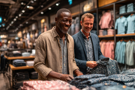 Two men are shopping for fashionable shirts in a contemporary retail clothing store, surrounded by neatly arranged garments and vibrant colors.の素材