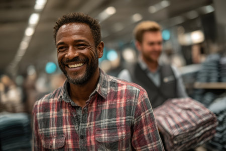 Smiling man wearing a plaid shirt is shopping in a clothing store, with neatly stacked garments and staff assisting in the background.の素材