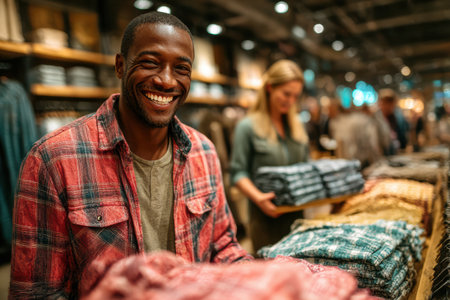 Smiling african american man is shopping for clothes in a retail store, surrounded by neatly stacked garments and a vibrant shopping atmosphere.の素材