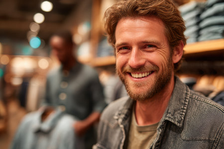 Smiling man wearing denim jacket is shopping in a clothing store, surrounded by shelves of casual apparel and a warm atmosphere.の素材