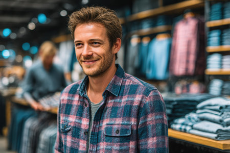 Smiling man wearing a plaid shirt is shopping for clothes in a modern retail store, surrounded by neatly arranged garments and vibrant displays.の素材