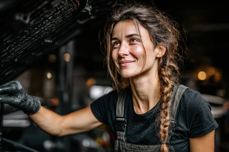 Female mechanic is smiling while working on a car engine in a garage, showing her skills and dedication to automotive repair.の素材
