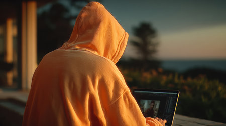 Individual wearing an orange hoodie is focused on a laptop, surrounded by nature and a beautiful sunset, creating a serene working atmosphere.の素材