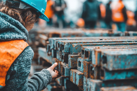 Construction worker is inspecting metal beams at a busy worksite, wearing safety gear and surrounded by fellow workers and equipment.の素材
