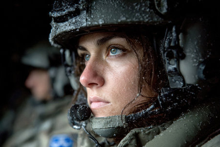 Female soldier wearing tactical gear, displaying a focused expression, amidst a challenging environment, showcasing determination and resilience.の素材