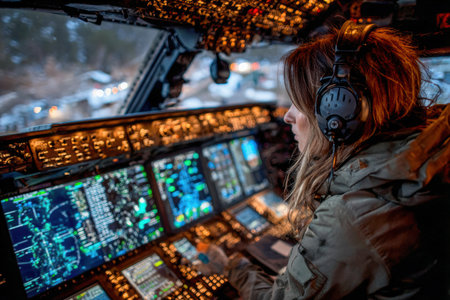 Female aviator is focused on operating the aircraft cockpit, surrounded by advanced control panels and instruments, showing technical expertise.の素材