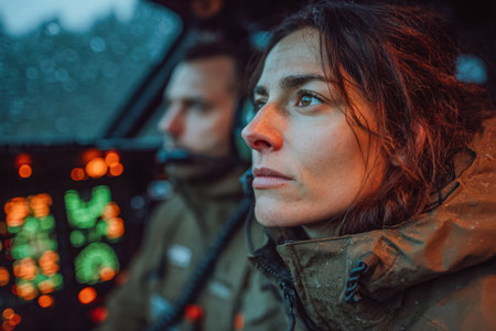 Female aviator is intently navigating in a cockpit, with rain on the window and illuminated controls creating a dramatic atmosphere.の素材
