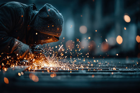 Skilled welder is focused on metalwork, generating bright sparks in a workshop environment, showcasing craftsmanship and dedication to the task.の素材