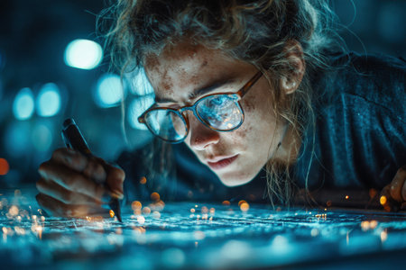 Young woman is intensely focused on creating intricate designs, surrounded by glowing elements and a captivating workspace atmosphere.の素材