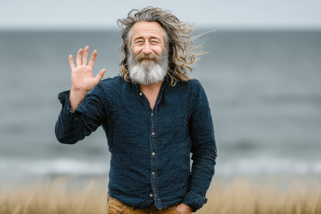 Smiling man with long hair is waving cheerfully in front of the ocean, surrounded by a grassy field, creating a joyful and relaxed atmosphere.の素材