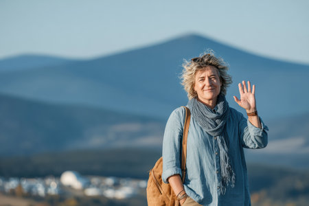Woman is waving cheerfully in a natural setting, surrounded by mountains and a clear sky, showing a sense of adventure and joy.の素材