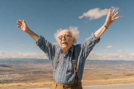 Elderly man is joyfully celebrating outdoors with arms raised, surrounded by beautiful natural scenery and expansive landscapes, expressing happiness.の素材