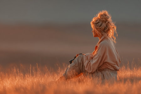 Woman is seated in a golden grass field at sunset, surrounded by warm light and soft textures, creating a serene and peaceful atmosphere.の素材
