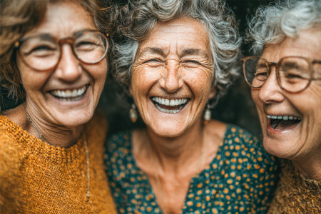 Three cheerful senior women are laughing together, wearing cozy knit sweaters, showcasing friendship and warmth in a close-knit moment.の素材