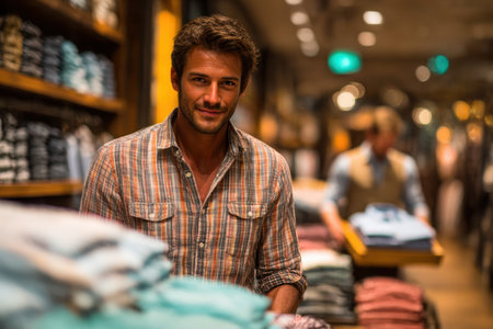 Male shopper is smiling while standing in a clothing store, surrounded by neatly arranged garments and a warm, inviting atmosphere.の素材