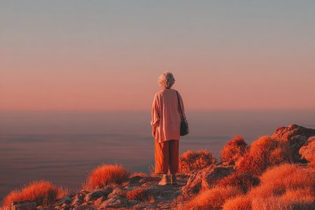 Elderly woman stands on a rocky hilltop, gazing at a vibrant sunset landscape, surrounded by warm hues and natural beauty.の素材