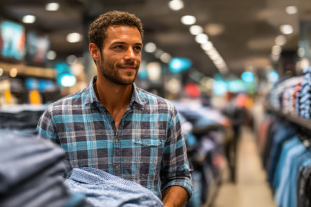 Man is shopping for clothing in a retail store, surrounded by neatly stacked garments, showcasing a vibrant shopping atmosphere.の素材