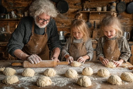 Elderly man is baking with two children in a rustic kitchen, rolling dough and shaping it, creating a warm family atmosphere.の素材