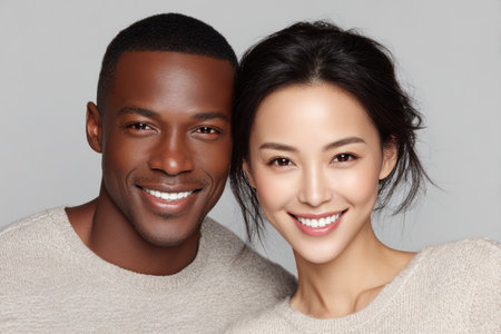 Smiling couple showcases warm expressions while wearing cozy sweaters, set against a neutral backdrop, radiating joy and connection.の素材