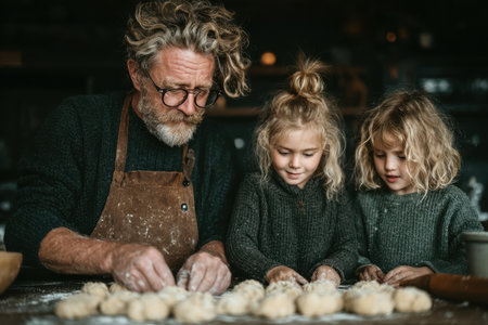 Elderly man is baking with two children in a cozy kitchen, surrounded by flour and dough, creating a warm family atmosphere.の素材