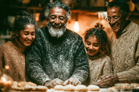 Family members are joyfully baking together in a warm kitchen, surrounded by flour and delicious dough, creating cherished memories and laughter.の素材