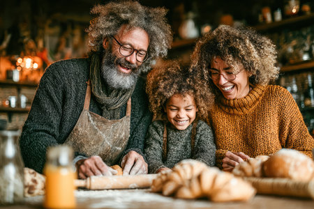 Family enjoys baking together in a warm kitchen, surrounded by fresh bread, laughter, and a joyful atmosphere, creating lasting memories.の素材