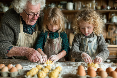 Elderly woman is teaching two children to bake in a rustic kitchen, surrounded by eggs and flour, creating a warm family atmosphere.の素材