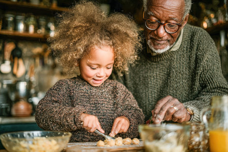 Grandfather and young child are baking together in a cozy kitchen, surrounded by ingredients and tools, creating a warm family moment.の素材