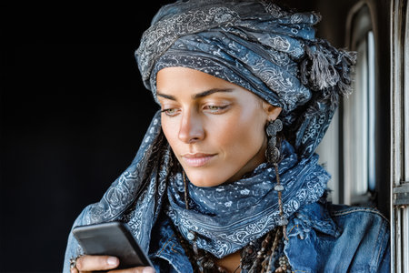 Woman wearing a headscarf is focused on her smartphone in a modern urban setting, showing contemporary fashion and technology.の素材