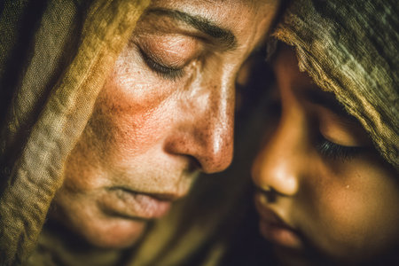 Close-up of a mother and child, showing their emotional connection, with soft lighting enhancing their features and expressions.の素材
