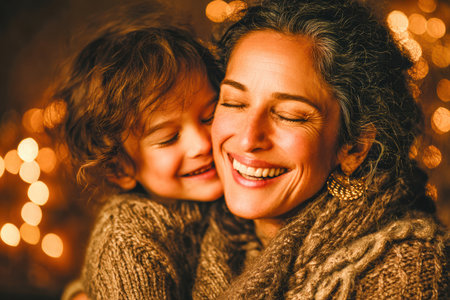 Joyful woman is embracing a smiling child, surrounded by warm lights, creating a cozy and loving atmosphere, showing casing deep emotional connection.の素材