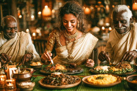 . Woman is savoring a traditional meal with two elderly men, surrounded by a warm, festive atmosphere and beautifully arranged dishesの素材