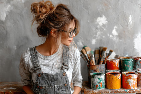Creative artist wearing glasses is in a studio, surrounded by vibrant paint cans and brushes, showing artistic passion and inspiration.の素材