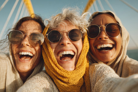 Three happy women are enjoying a sunny day outdoors, sharing laughter and smiles, showcasing friendship and joy in a vibrant atmosphere.の素材