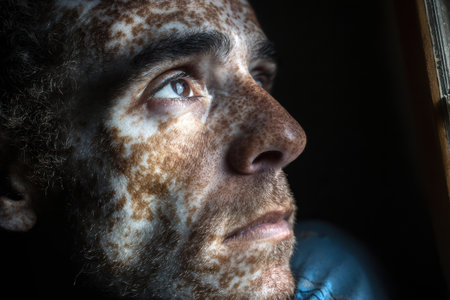 Man with distinctive skin texture is gazing thoughtfully out of a window, illuminated by soft natural light, creating a contemplative atmosphere.の素材