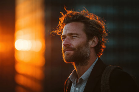 Man with beard is gazing thoughtfully at a vibrant sunset, surrounded by urban architecture, capturing a moment of reflection and serenity.の素材