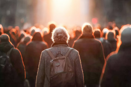 Elderly man is walking through a crowded street, illuminated by warm sunset light, creating a vibrant atmosphere of urban life.の素材