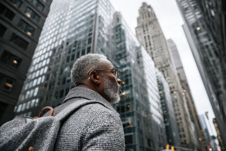 Elderly man with gray beard is gazing upwards at towering skyscrapers, surrounded by urban architecture and reflective glass buildings.の素材