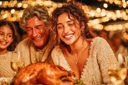 Family members share joyful moments at a festive dinner table, surrounded by warm lights and delicious food, creating a memorable celebration.の素材