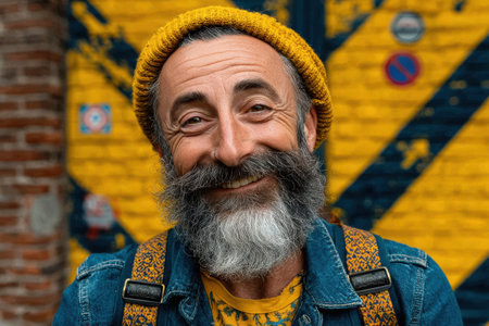 Smiling man with a beard is wearing a yellow beanie, standing in front of a vibrant wall, showcasing a cheerful and artistic atmosphere.の素材
