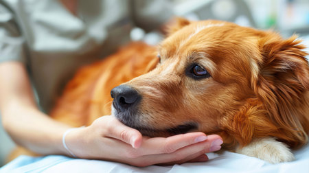 Golden retriever is resting comfortably while receiving gentle care from a veterinarian in a bright clinic, showing compassion and professionalism.の素材