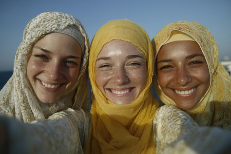 Three women are smiling joyfully together, wearing colorful headscarves, with a bright blue sky in the background, capturing a moment of friendship.の素材