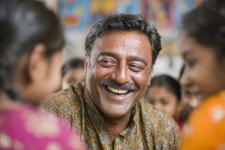 Joyful man is engaging with children in a vibrant classroom, surrounded by colorful decorations and smiling faces, creating a warm atmosphere.の素材